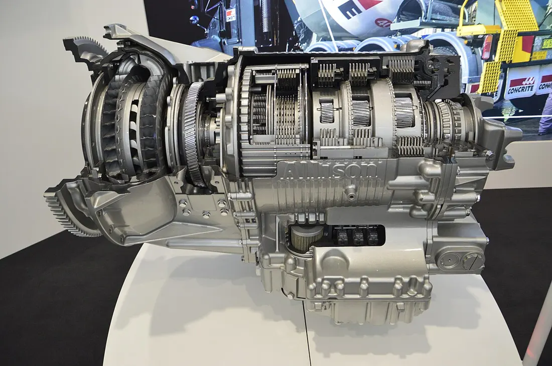 An Allison 4000 Series six-speed automatic transmission on a display stand
